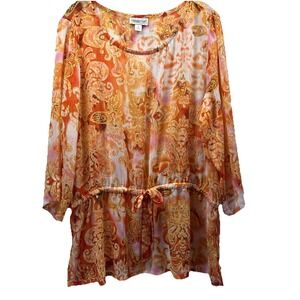 Coldwater Creek Women Top Sz 1X Orange Red Yellow Sheer Waist Tie Pullover Tunic